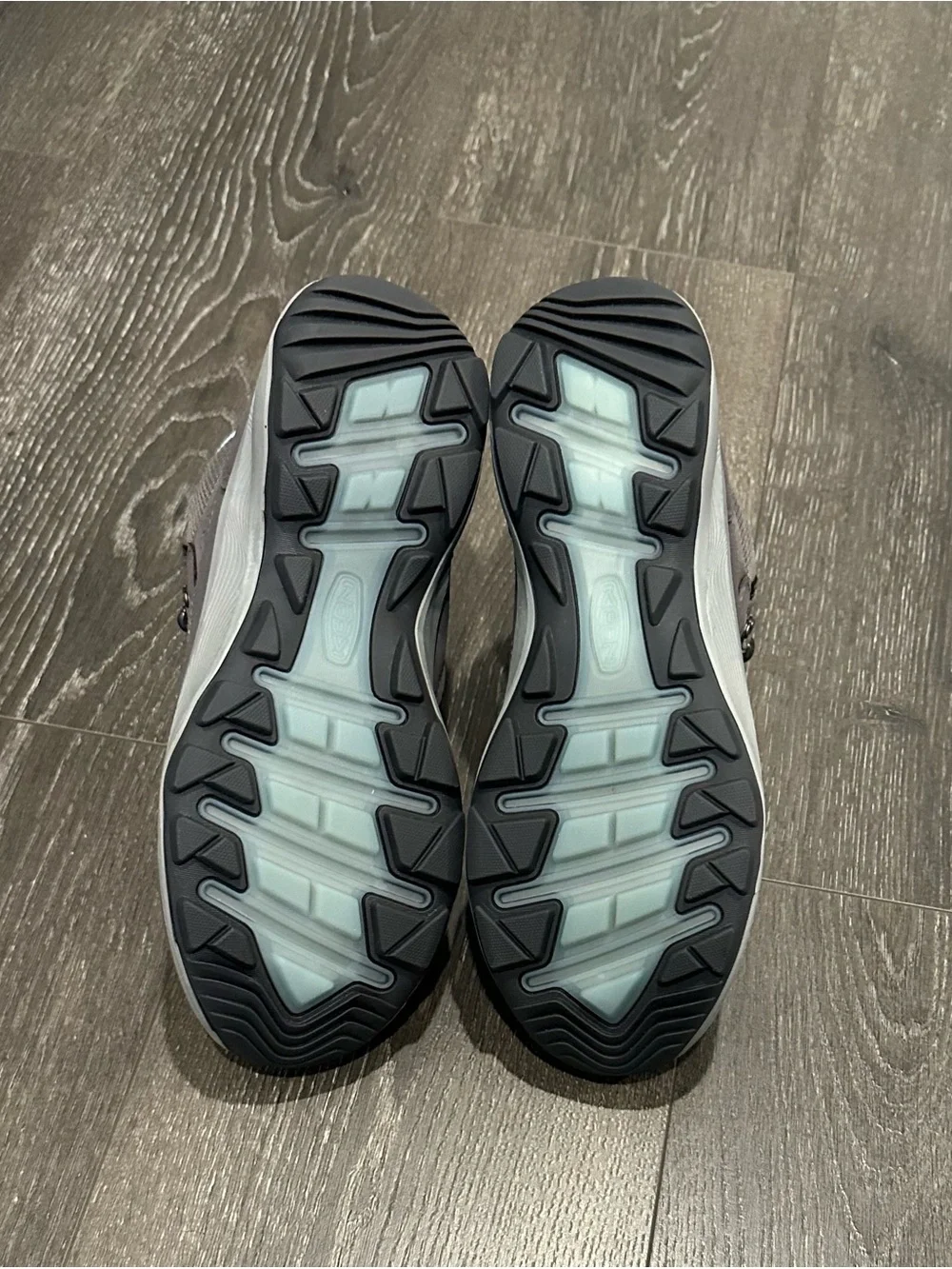 KEEN Gray Lace-Up Women's Hiking Boots with Light Blue Lining.
